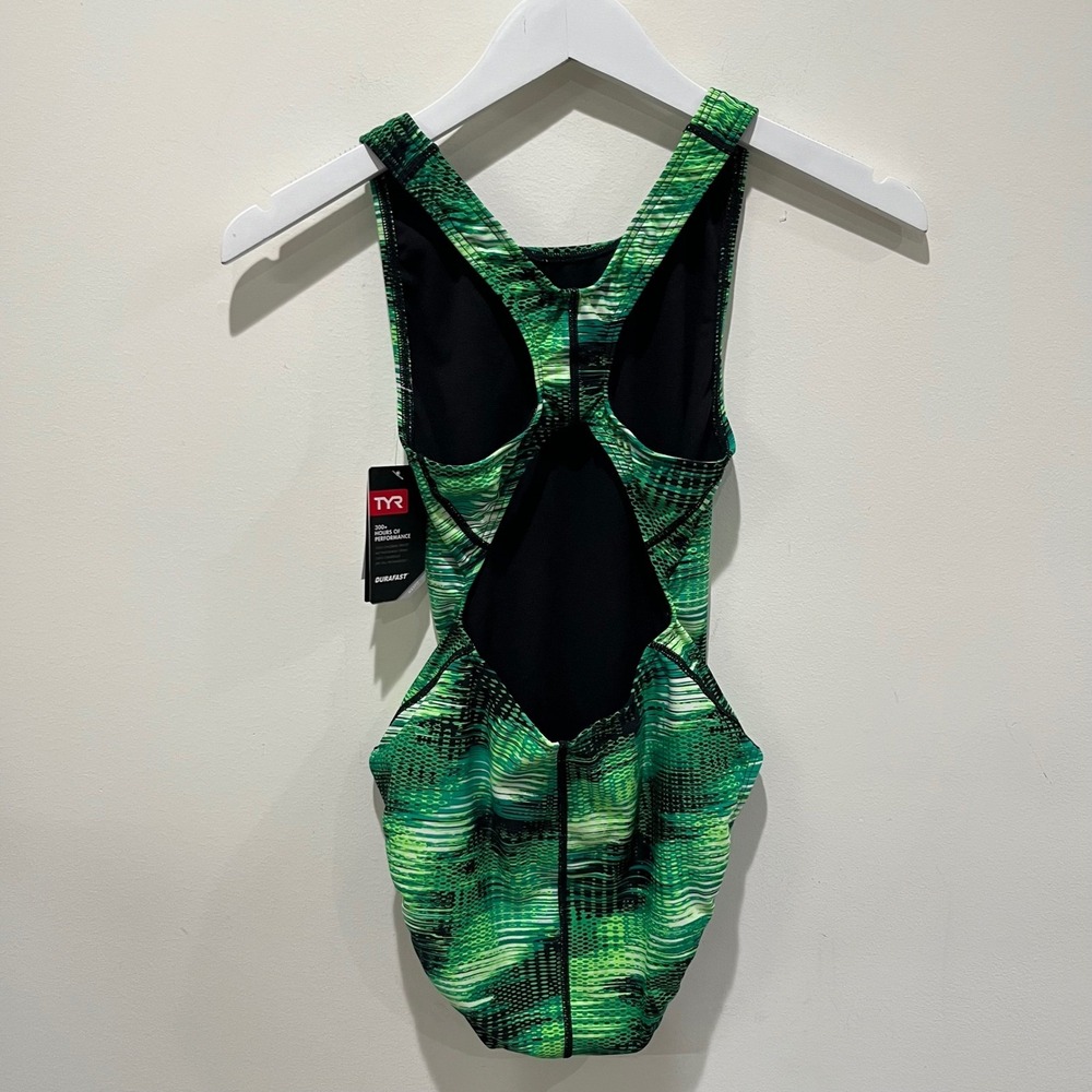 NEW TYR Surge Maxfit One Piece Swimsuit Sz 36 Green Black Abstract Performance - Picture 2 of 4